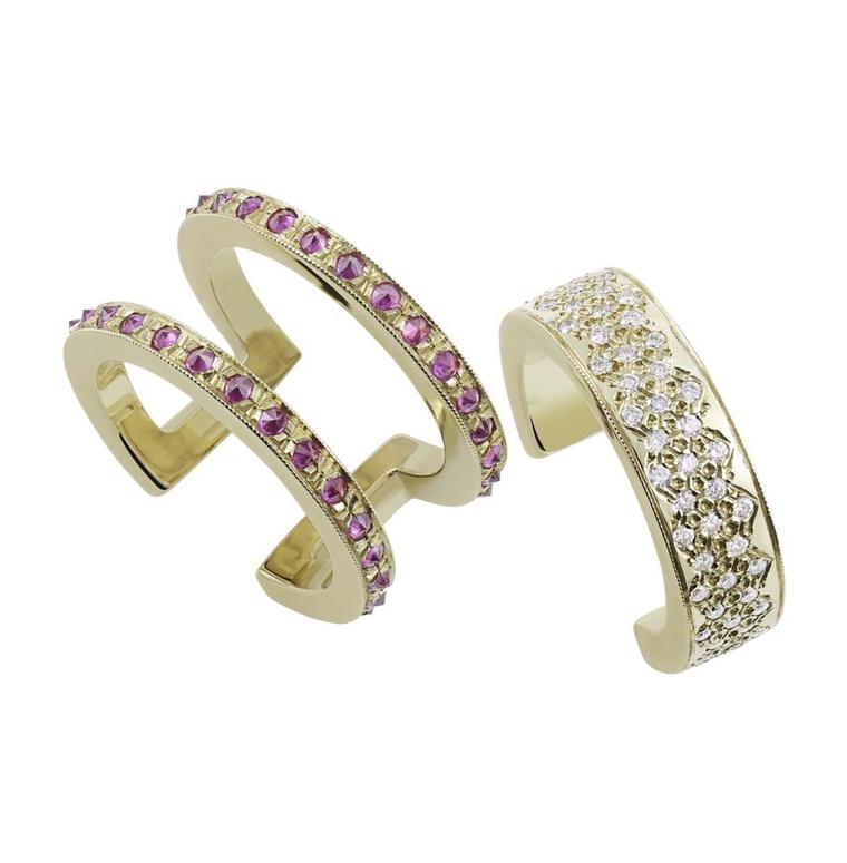 The Misahara Korali ring is a cuff designed for your finger, with two separate bands that can be worn together or apart. The outer band, made from yellow gold, is set with rubies, while the inner ring is pavé set with white diamonds.